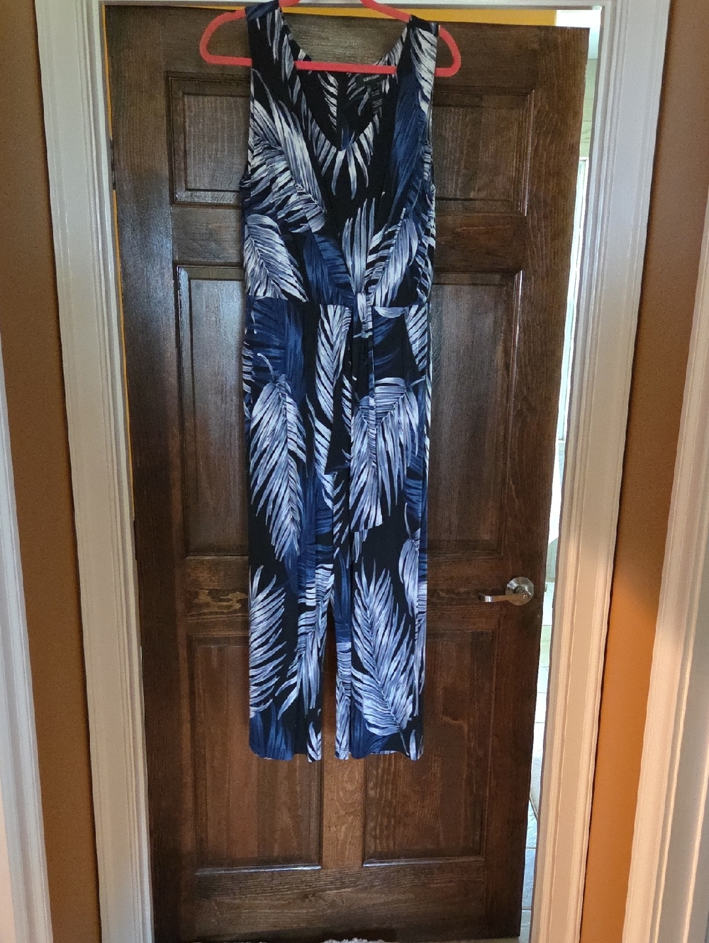 Karen Kane Navy and White Palm-Print Sleeveless Jumpsuit